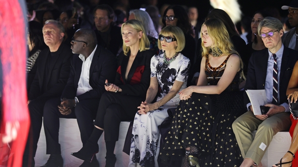 Francois-Henri Pinault, Editor-In-Chief of British Vogue Edward Enninful, Cate Blanchett, Editor-In-Chief of American Vogue and Chief Content Officer of Conde Nast Dame Anna Wintour, Elle Fanning and Andrew Bolton attend the Alexander McQueen SS24 show