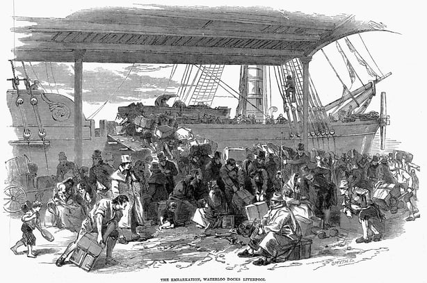 Irish emigrants embarking for America at Waterloo Docks, Liverpool, 1850, from The Illustrated London News, July 1850. They were not the only nationality represented among the ship's passengers. Image: Ann Ronan Pictures/Print Collector/Getty Images