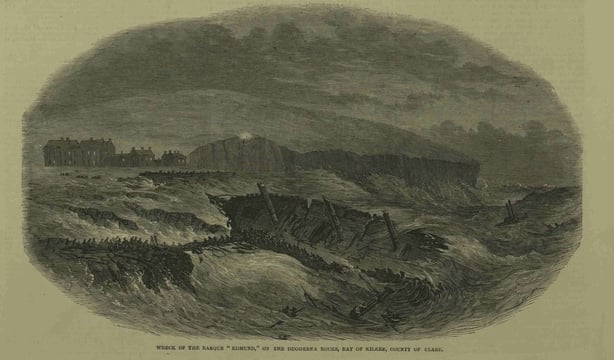 Black and white engraving showing The wreck of the Edmond at Kilkee, County Clare, in 1850. Illustrated London News, December 7, 1850. Permission: Image (c) Illustrated London News/Mary Evans Picture Library.