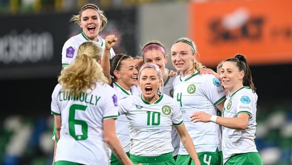 Republic of Ireland players celebrate Louise Quinn's goal in Belfast