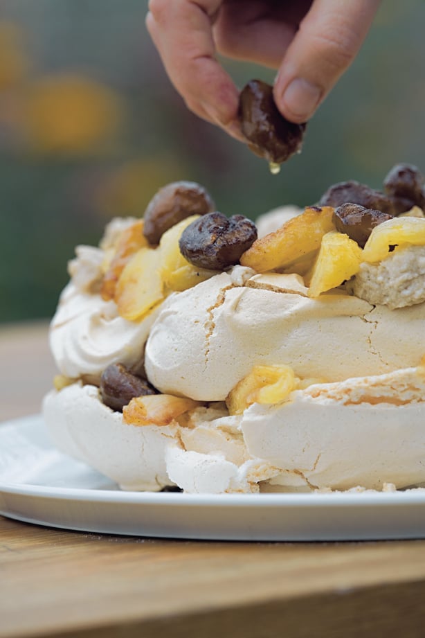 Chestnut pavlova with caramelised apples