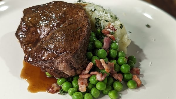 Kevin Aherne's slow cooked beef with cheese & onion mash potato with peas & smoked bacon