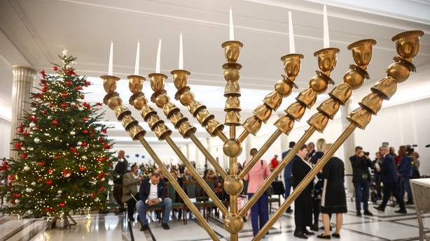 The menorah pictured at the parliament in Warsaw earlier today