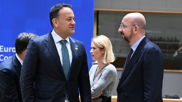 President of the European Council Charles Michel speaking to Taoiseach Leo Varadkar during the summit of EU leaders in Brussels
