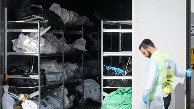 A refrigerated container holds the bodies of Israeli citizens killed in attacks by Hamas on 7 October. 1,400 Israelis were killed in the attack, 240 people were taken hostage by Hamas. The attacks sparked deadly fighting between Israel and Gaza.