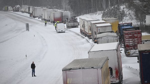 Trucks stuck in gridlock on a main road in Sweden