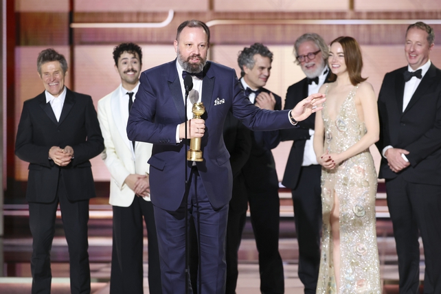 Yorgos Lanthimos accepting the award for Best Picture – Musical or Comedy for Poor Things