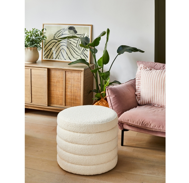 Cream Boucle Storage Ottoman, Rose & Grey