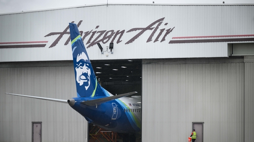 An Alaska Airlines flight remains in an airport hangar after US regulators grounded 171 737 MAX 9 planes