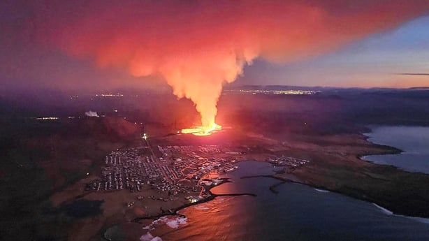 An aerial view shows lava northeast of Grindavik town yesterday