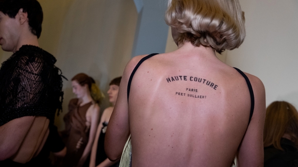 A model poses backstage prior to the Peet Dullaert Haute Couture Spring/Summer 2024 show