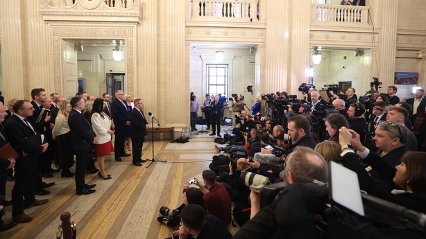 DUP leader Jeffery Donaldson addressed the media in the Great Hall at Stormont