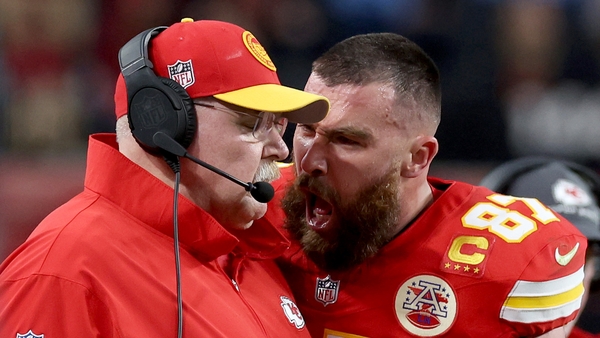 Travis Kelce (R) was unhappy about not being on the field in the first quarter when Isiah Pacheco fumbled the ball