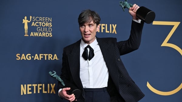 Cillian Murphy with his awards for Best Actor in a Motion Picture and Outstanding Performance by a Cast in a Motion Picture for Oppenheimer