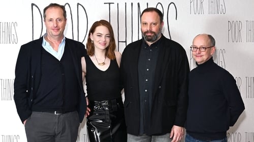 The producers of Poor Things. L-R Andrew Lowe, Emma Stone, Yorgos Lanthimos and Ed Guiney