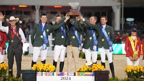 Michael Blake's team of Darragh Kenny, David O'Brien, Shane Sweetnam and Cian O'Connor are presented with the CSIO4* Nations Cup