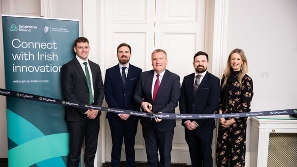 CitySwift's Philip Lavin and Brian O'Rourke, Finance Minister Michael McGrath with Alan Farrelly and Laura Brocklebank, UK Manager Enterprise Ireland