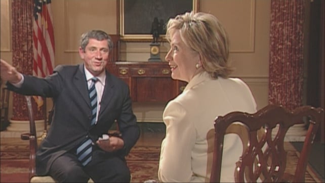 Charlie Bird interviewing Hilary Clinton while he was RTÉ News Washington Correspondent