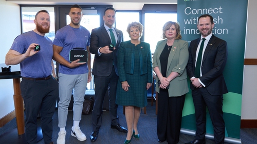 Dr Martin O'Reilly, Output Sports CEO; Adam Byrne Commercial Manager for North America, Taoiseach Leo Varadkar, Geraldine Byrne Nason, Ambassador of Ireland to the US; Síghle FitzGerald; Consul General of Ireland in Boston and David Corcoran from EI