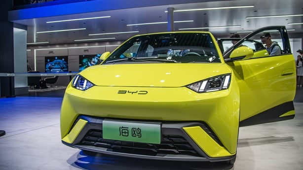 A BYD Seagull small electric car is on display during the 20th Shanghai International Automobile Industry Exhibition