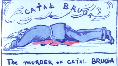 A cartoon by Constance Markievicz, showing the death of Cathal Brugha in the Battle of Dublin. Image courtesy of the National Library of Ireland