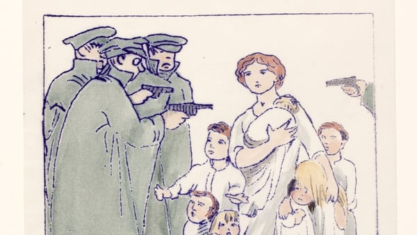 A detail from a cartoon by Constance Markievicz, showing Éamon de Valera's wife Sinéad being targeted by armed soldiers. Image courtesy of the National Library of Ireland