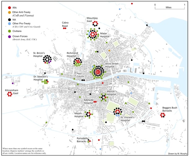 NEW - Map showing the location and affiliation of the combatant and civilian fatalities in Dublin City between 28 June 1922 and 24 May 1923