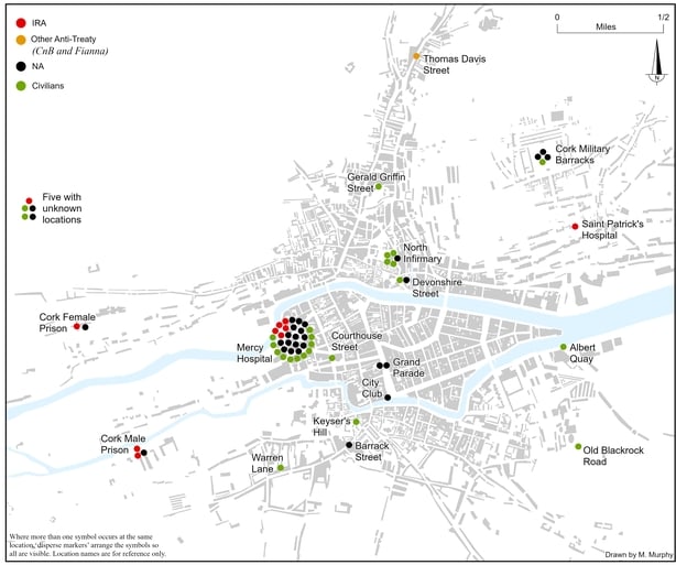 Map showing the location and affiliation of the combatant and civilian fatalities in Cork City between 28 June 1922 and 24 May 1923