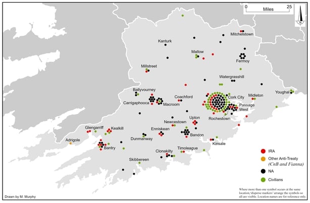 Map showing the location and affiliation of the 215 combatant and civilian fatalities in County Cork between 28 June 1922 and 24 May 1923