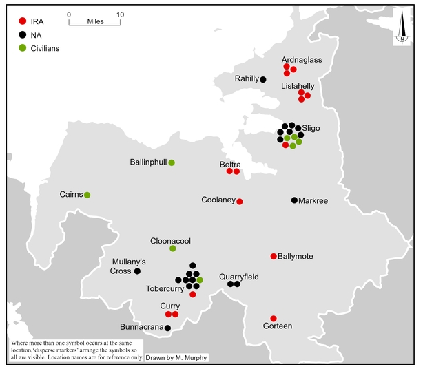 Map showing the location and affiliation of the 44 combatant and civilian fatalities in County Sligo between 28 June 1922 and 24 May 1923