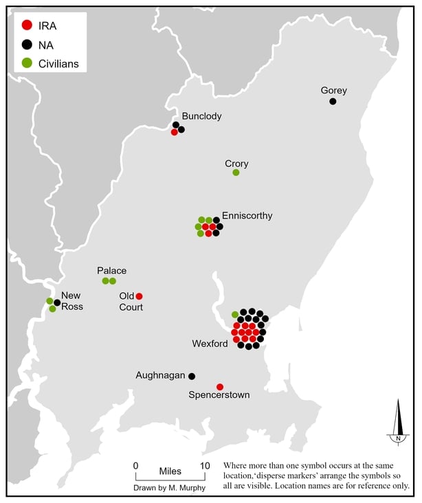Map showing the location and affiliation of the 49 combatant and civilian fatalities in County Wexford between 28 June 1922 and 24 May 1923