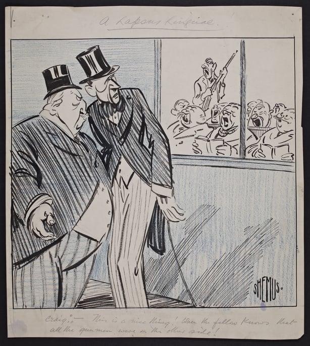 itle and caption handwritten on the original drawing ["Lapsus linguae" is Latin for "a slip of the tongue"]. Caption reads: [James] Craig: "This is a nice thing! Surely the fellow knows that all the gunmen were on the other side" [Note: "I have in my bible class a number of men who acted as gunmen," said the Rev. James Redmond, Rector of Ballymacarrett. "They are going to be Sunday School teachers"]. Illustration depicts James Craig and a tall man, standing outside of a church building, observing what is taking place therein - visible through the window are men seated in pews, singing, while another man stands in the aisle holding a rifle. Illustration a reference to the then active loyalist paramilitary organisation known as the UPA [Ulster Protestant Associatio