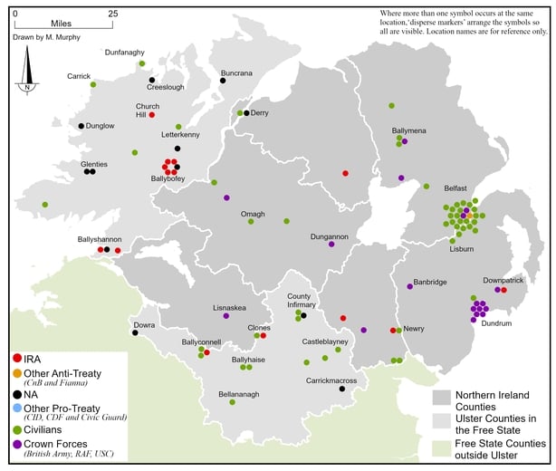 Map showing the location and affiliation of the combatant and civilian fatalities in Ulster between 28 June 1922 and 24 May 1923