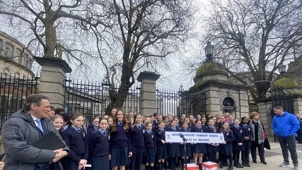 5th and 6th class pupils of Mercy Convent Naas hold a protest at Leinster house