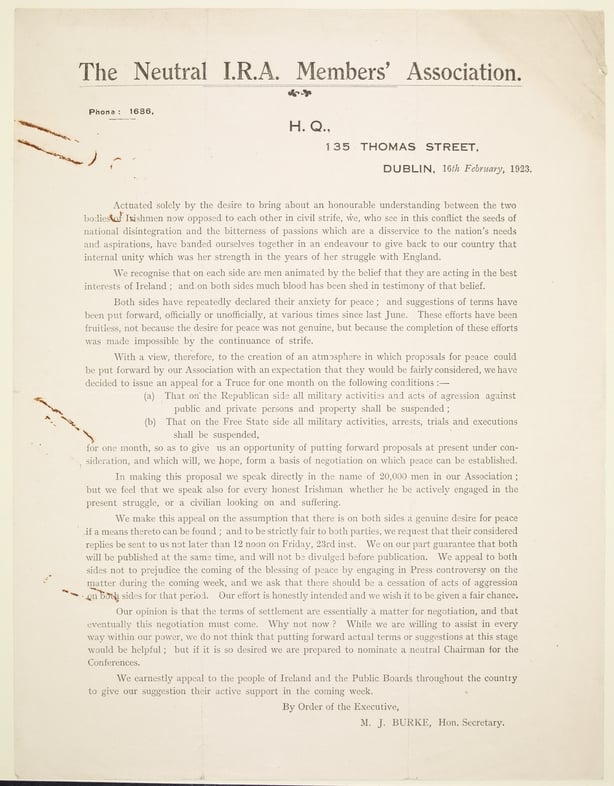  Circular letter from the [Neutral I.R.A. Members' Association] regarding and outlining strategies for ending the Civil War