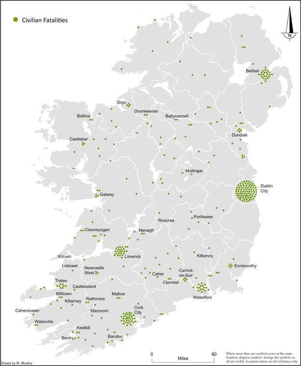 A map showing the locations of civilian fatalities