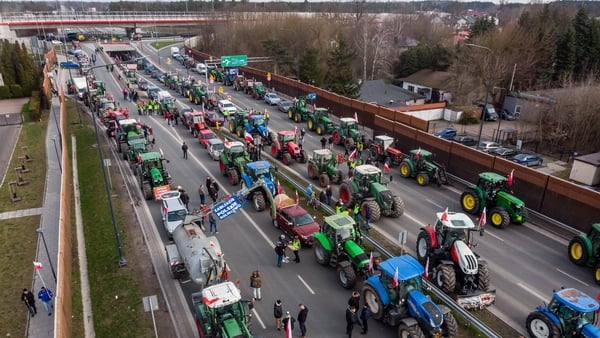Polish farmers block a road outside Warsaw during a nationwide protest on March 20, 2024