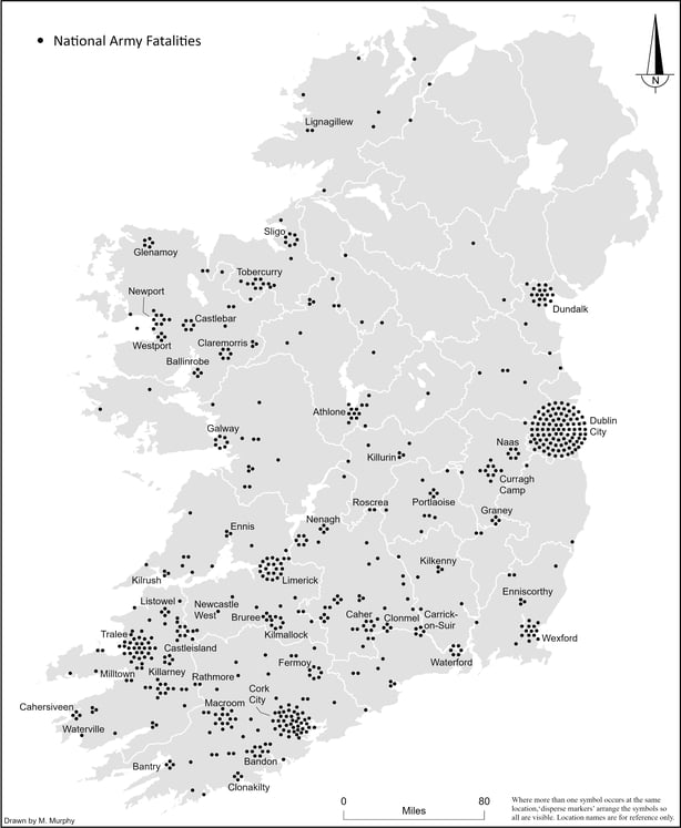 A map showing the location of fatalities in the National Army