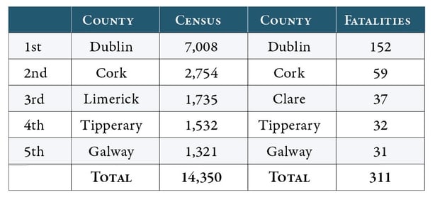 National Army Origin County: Irish Army Census November 1922 & UCC Fatalities Project [The total size of the National Army as recorded by the Irish Army Census was 31,469. Only the five largest counties that were listed as home counties by National Army personnel are listed in this table