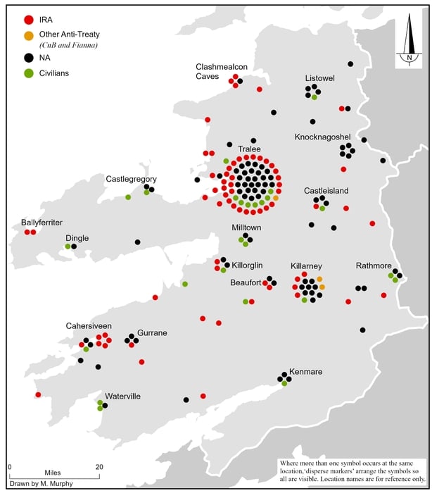 NEW - Map showing the location and affiliation of the 185 combatant and civilian fatalities in County Kerry between 28 June 1922 and 24 May 1923
