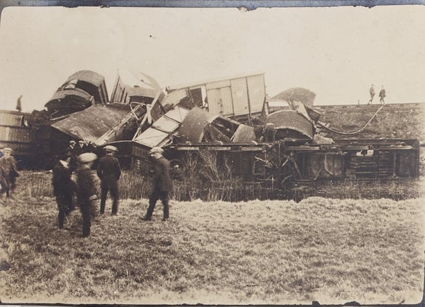 A train destroued by the IRA in January 1923