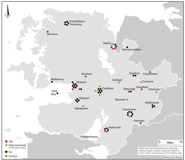 NEW - Map showing the location and affiliation of the 73 combatant and civilian fatalities in County Mayo between 28 June 1922 and 24 May 1923