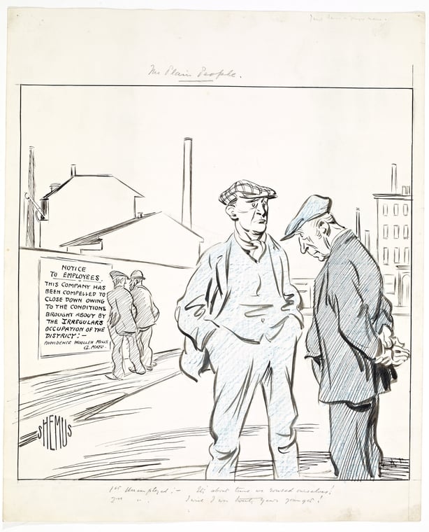 Depicts two older men standing outside of an industrial site. On the wall behind them is a sign that reads: Notice to employees. This company has been compelled to close down owing to the conditions brought about by the Irregular's occupation of the district. - Providence Woollen Mills, Co. Mayo. 