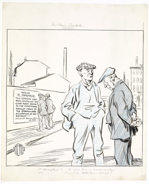 Depicts two older men standing outside of an industrial site. On the wall behind them is a sign that reads: Notice to employees. This company has been compelled to close down owing to the conditions brought about by the Irregular's occupation of the district. - Providence Woollen Mills, Co. Mayo.