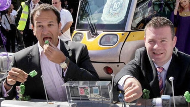 Minister for Transport and Tourism Leo Varadkar and Minister of State for Public and Commuter Transport Alan Kelly celebrating the Luas operating in Dublin for 10 years in 2014