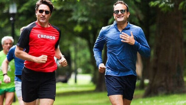 Canadian Prime Minister Justin Trudeau joins Leo Varadkar for a run in the Phoenix Park during his official visit to Ireland in 2017