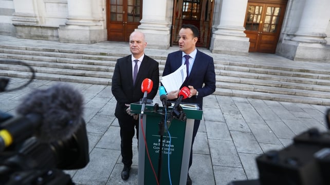Leo Varadkar stands with Chief Medical Officer Dr Tony Holohan at Government Buildings in March 2020 where he said that mass public gatherings such as St Patrick's Day parades will not be cancelled amid the spread of Covid-19