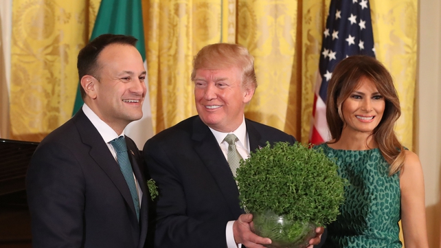 The traditional bowl of Shamrock being recieved by US President Donald Trump and his wife Melania at the White House in 2018