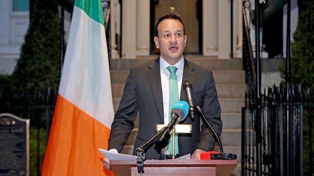 Leo Varadkar at Blair House in Washington during a press conference where he announced that all schools, colleges and childcare facilities in Ireland will close as a result of the Covid-19 outbreak in 2020