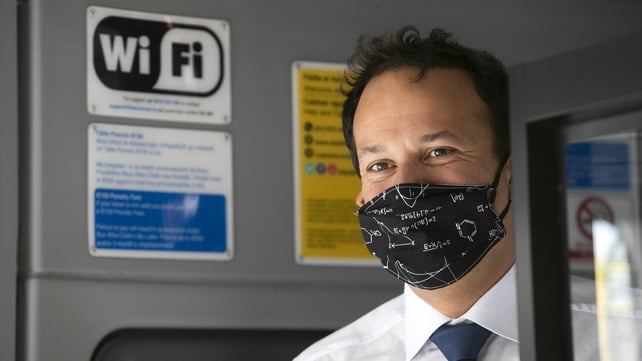 Taoiseach Leo Varadkar launches face a coverings campaign on national transport during the Covid-19 pandemic in 2020